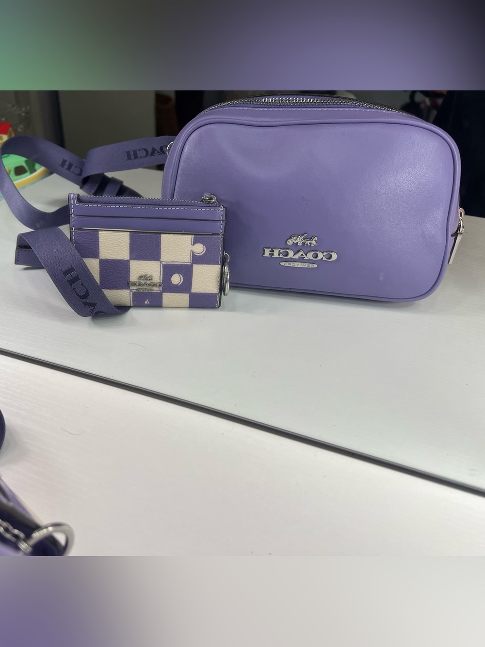 Coach Lavender Leather Bag with Checker Card Case and Logo Strap